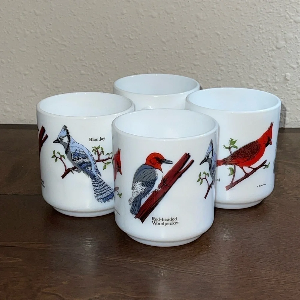 4 cups w/ Cardinals Blue Birds Red headed woodpecker